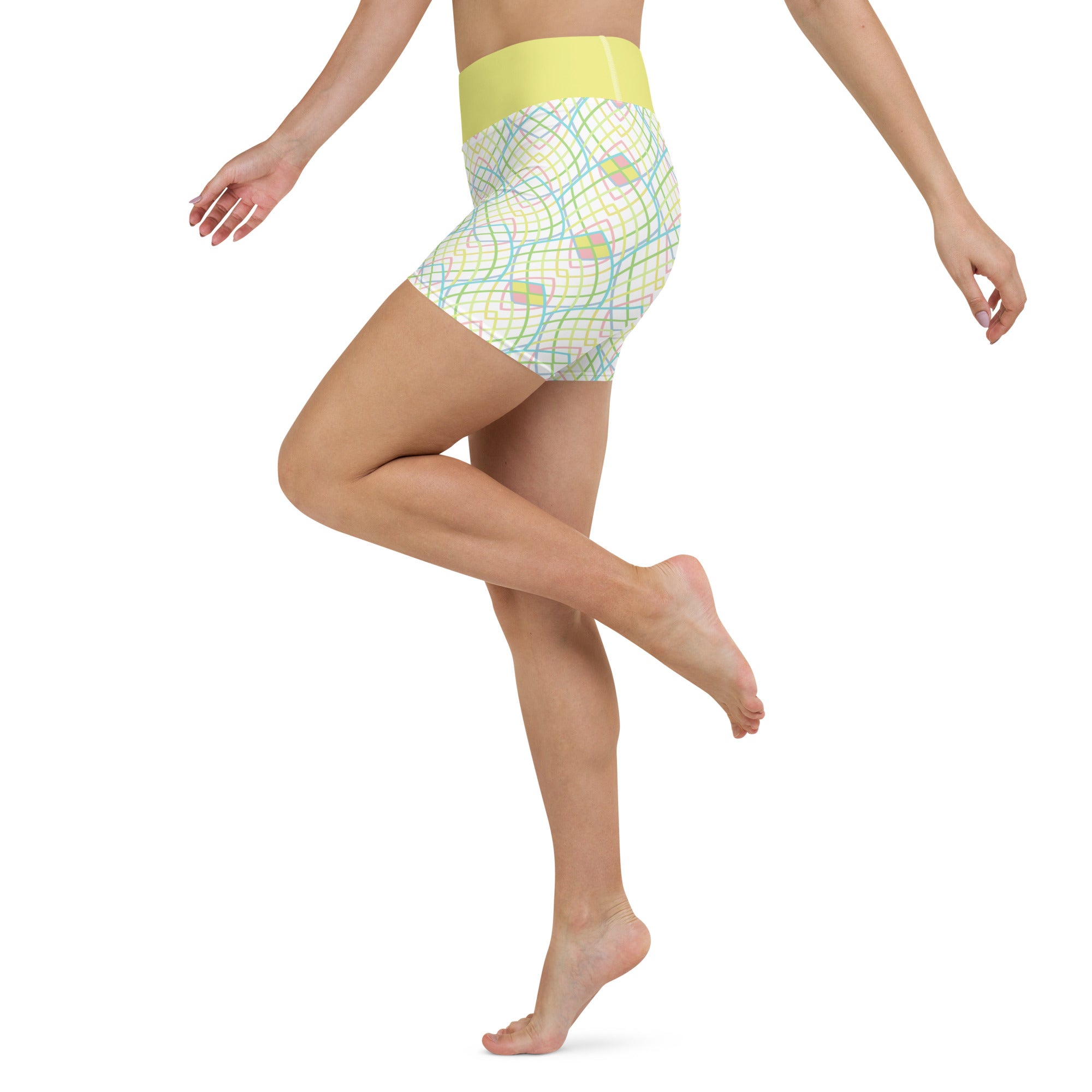 Prism Magic Yoga Shorts displayed on a white background