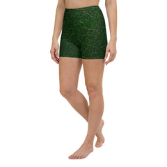 Forest Serenity Yoga Shorts on a yoga mat in an outdoor setting, blending the beauty of yoga with the tranquility of the forest.