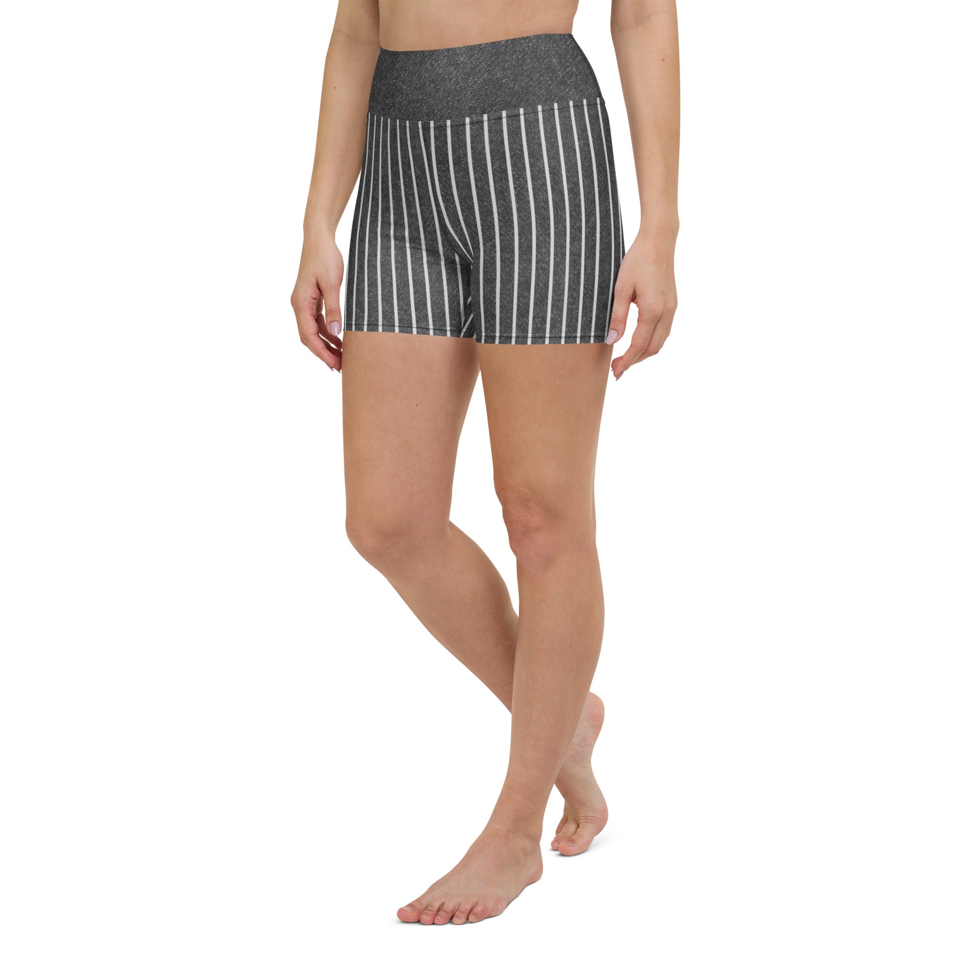 Denim Dreamer Yoga Shorts laid out on a yoga mat, ready for a stylish and comfortable workout.