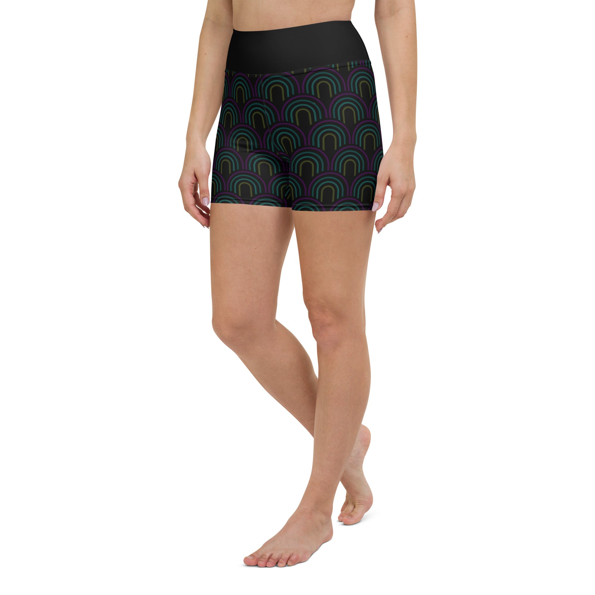 Woman wearing Abstract Waves Yoga Shorts during workout