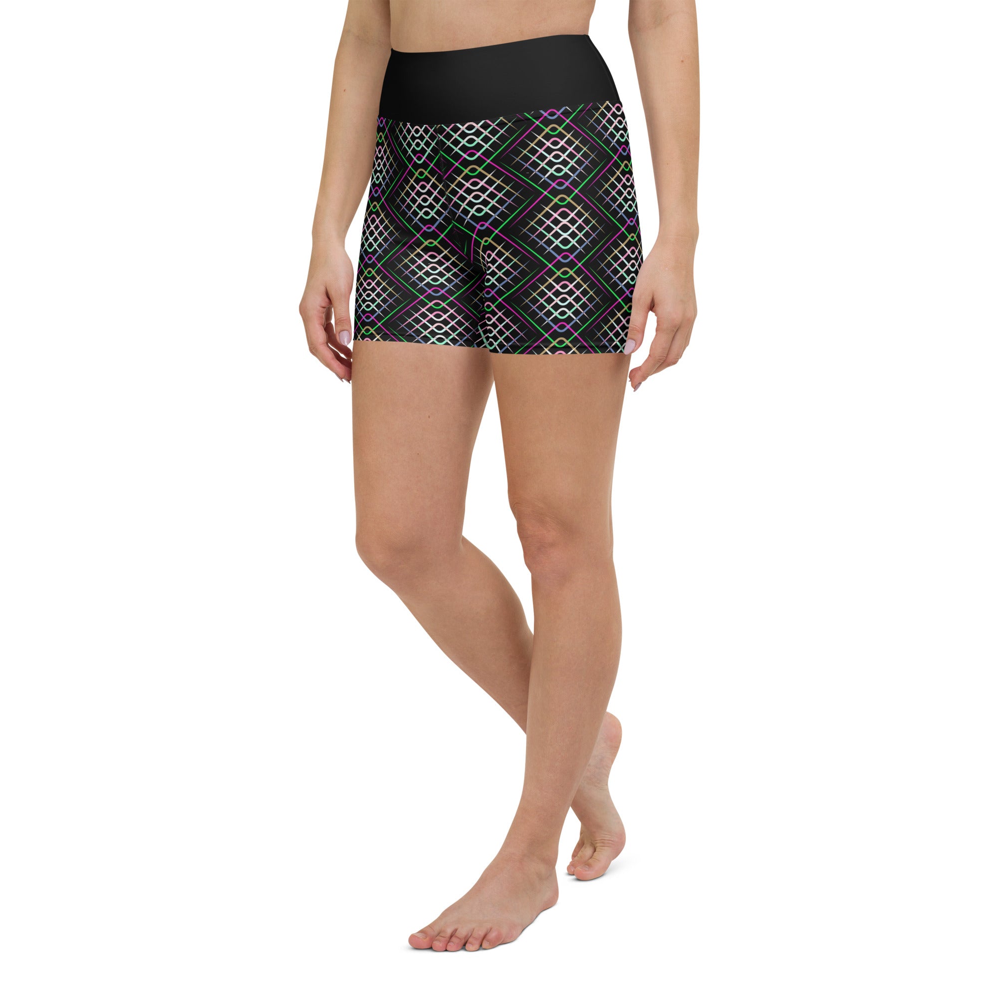 Detailed view of Cosmic Dreams pattern on yoga shorts