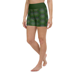 Close-up of the vibrant tropical pattern on yoga shorts