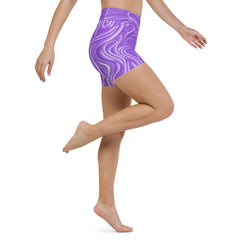 Sunset Serenade All-Over Print Yoga Shorts on a clothing mannequin.