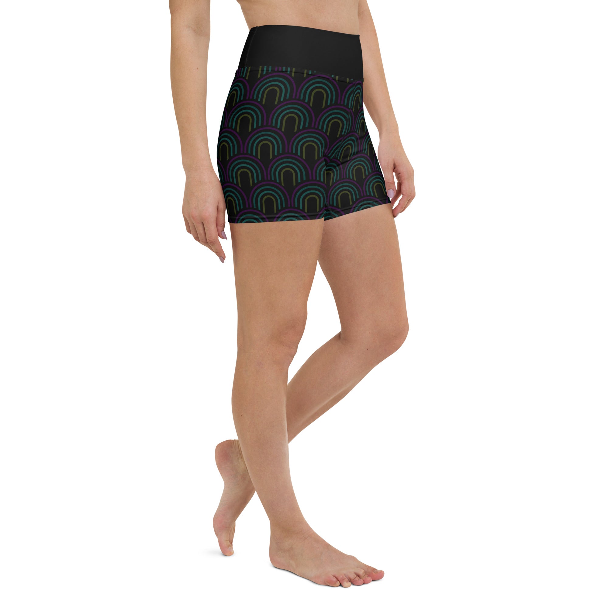 Rear view of Abstract Waves Yoga Shorts on model