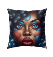 America The Beautiful outdoor pillow on garden bench, showcasing patriotic design.