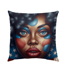 Durable weather-resistant outdoor pillow with 'America The Beautiful' motif, ideal for patio decor.