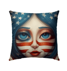 American Adventure pillow on a rustic outdoor bench, showcasing vibrant design.