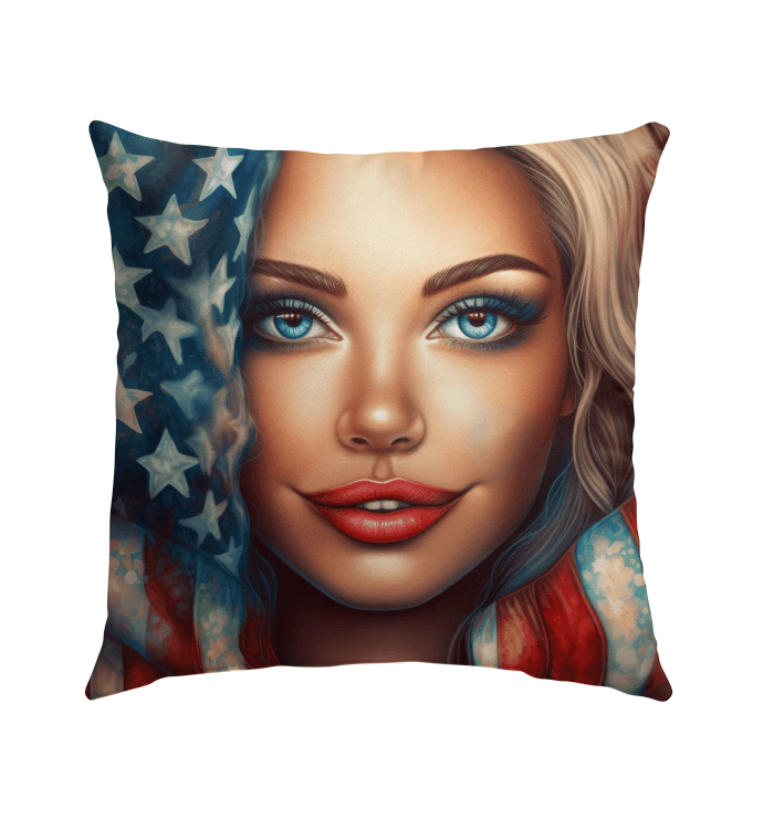 Close-up of the American Aspiration Outdoor Pillow, highlighting its detailed craftsmanship and vibrant colors.