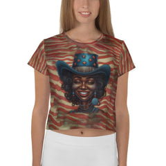 American Revolution themed print crop tee on model