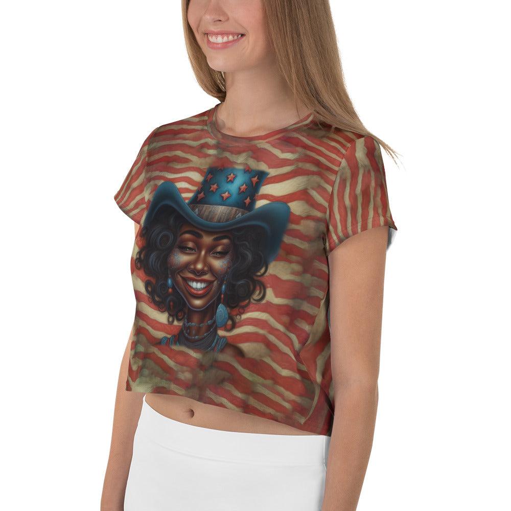 Stylish woman wearing American Revolution print crop top