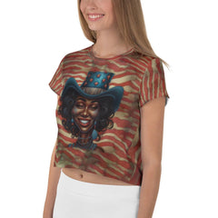 Stylish woman wearing American Revolution print crop top