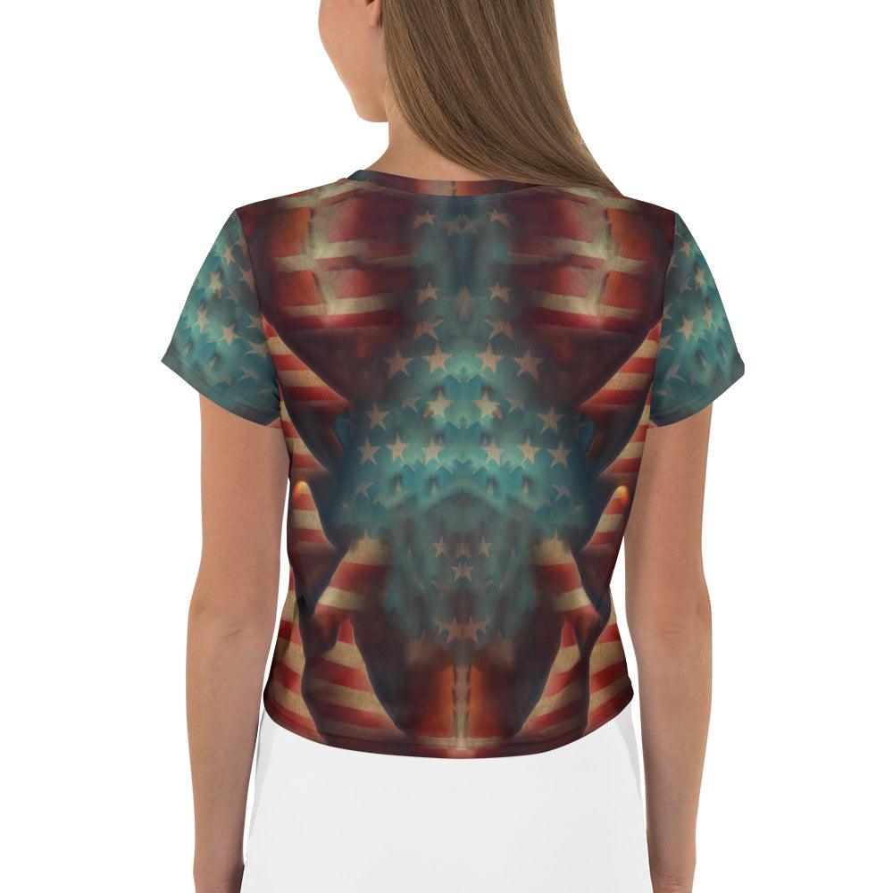 Stylish all-over print American Valor crop tee for women.