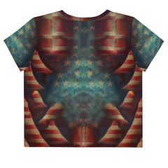 Patriotic American Valor crop tee with all-over design.