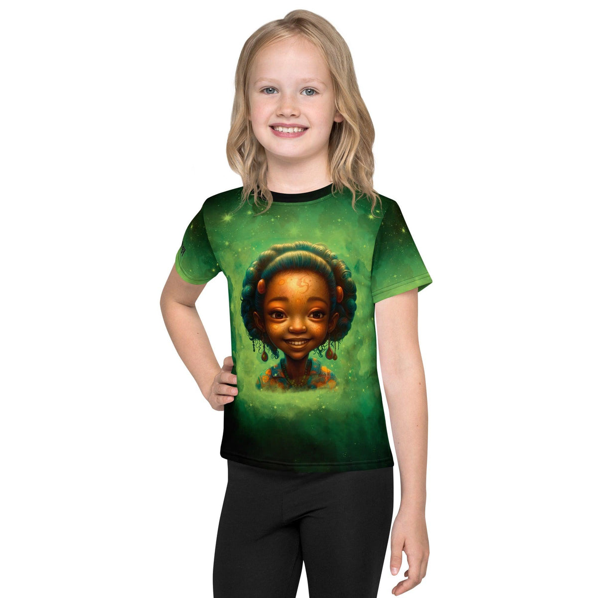 Child wearing Angelic Iris Gallery crew neck t-shirt with colorful design.