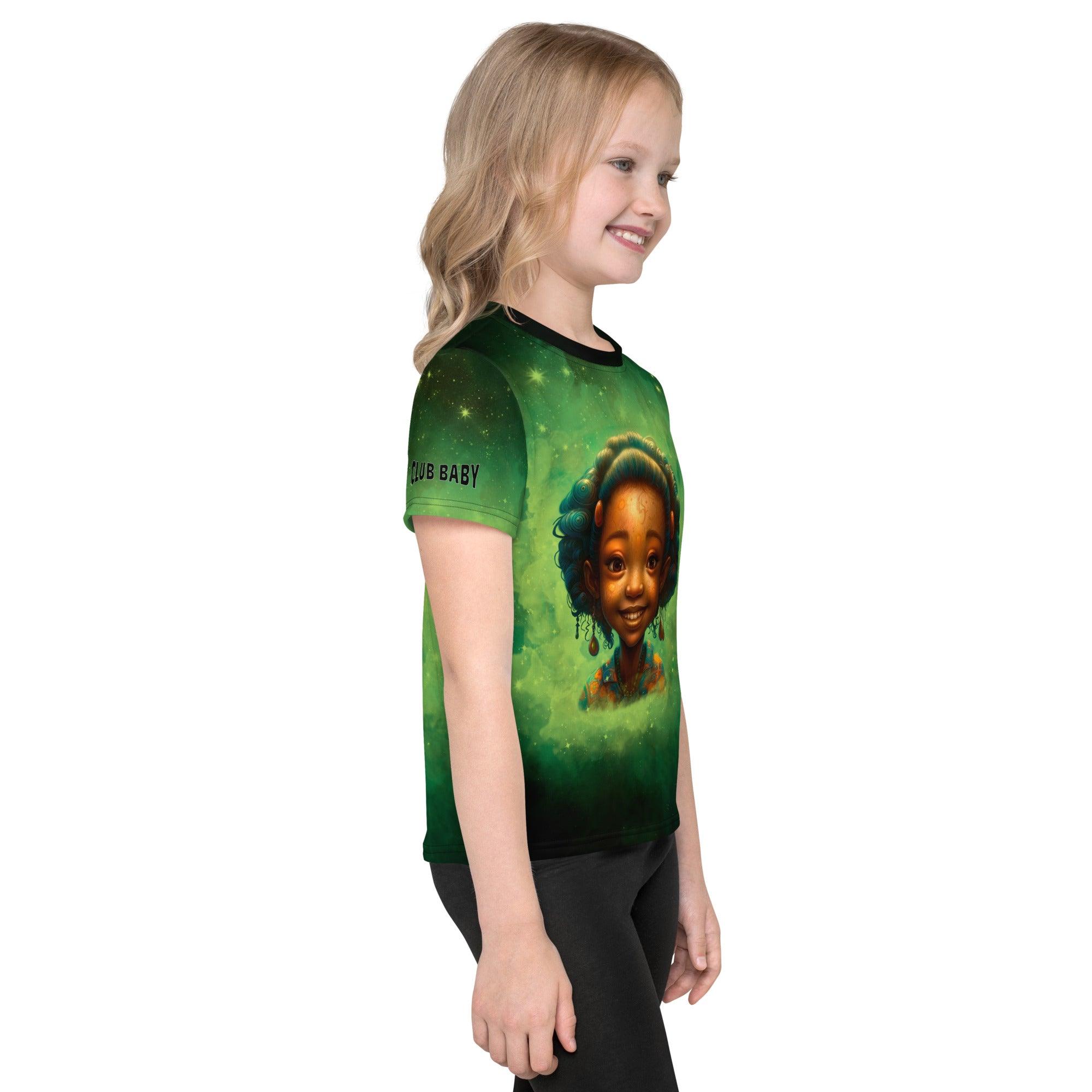 Angelic Iris Gallery kids crew neck t-shirt on white background.