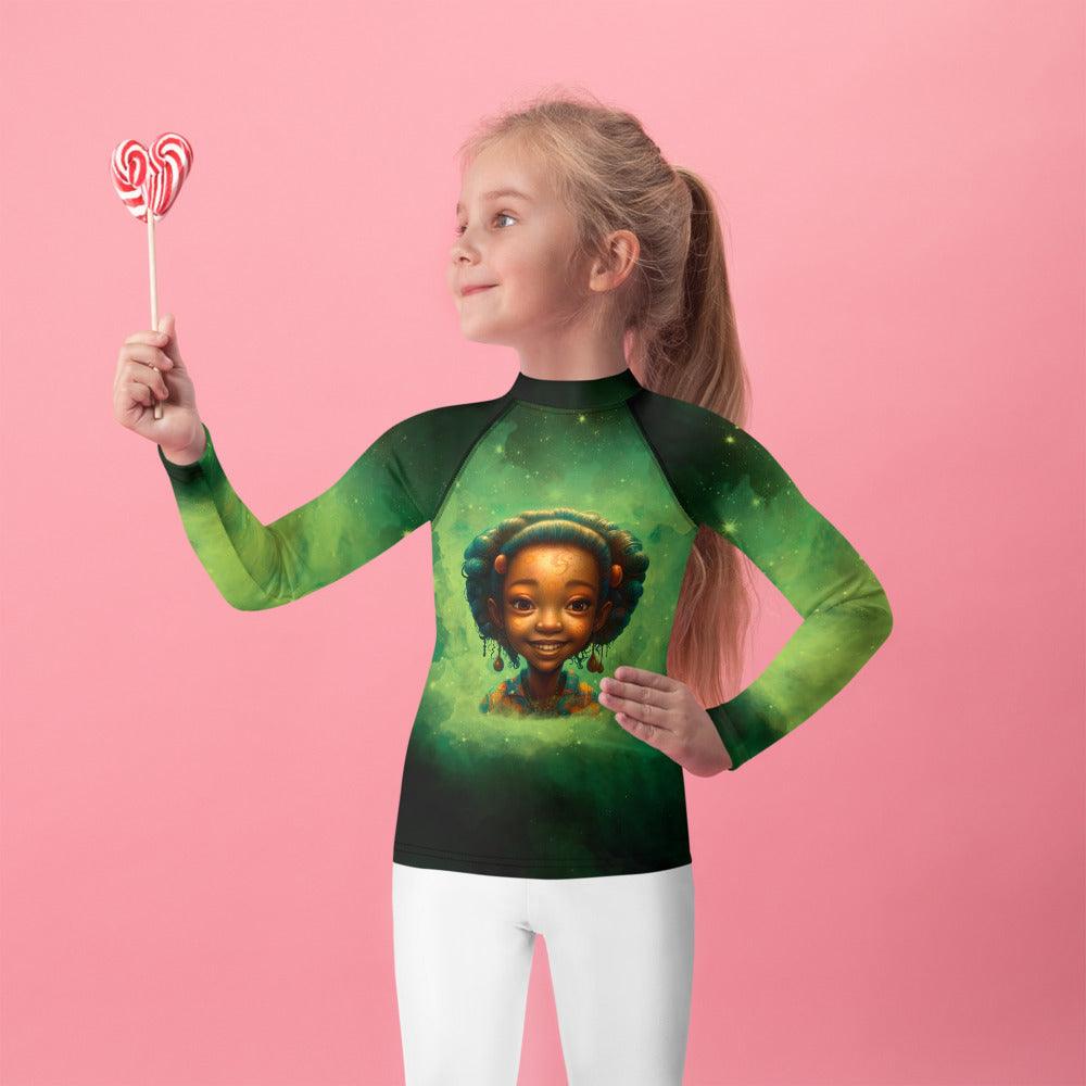 Child wearing Angelic Iris Gallery Kids Rash Guard in blue.