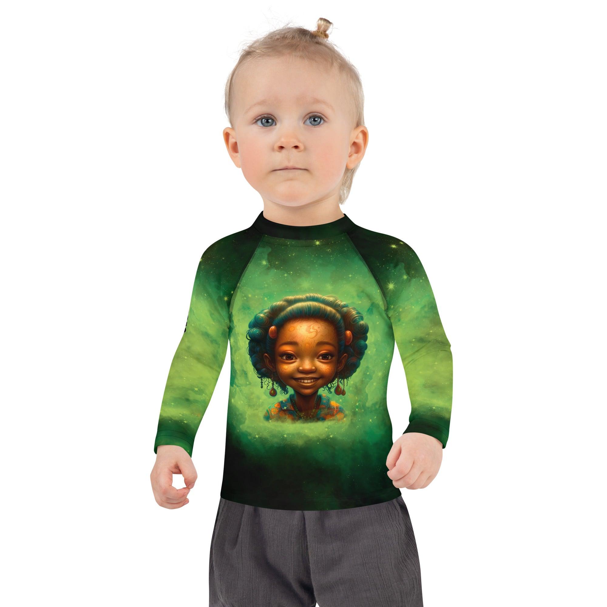 Front view of Angelic Iris Gallery Children's Rash Guard.