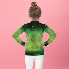 Back view of colorful Angelic Iris Kids Rash Guard design.
