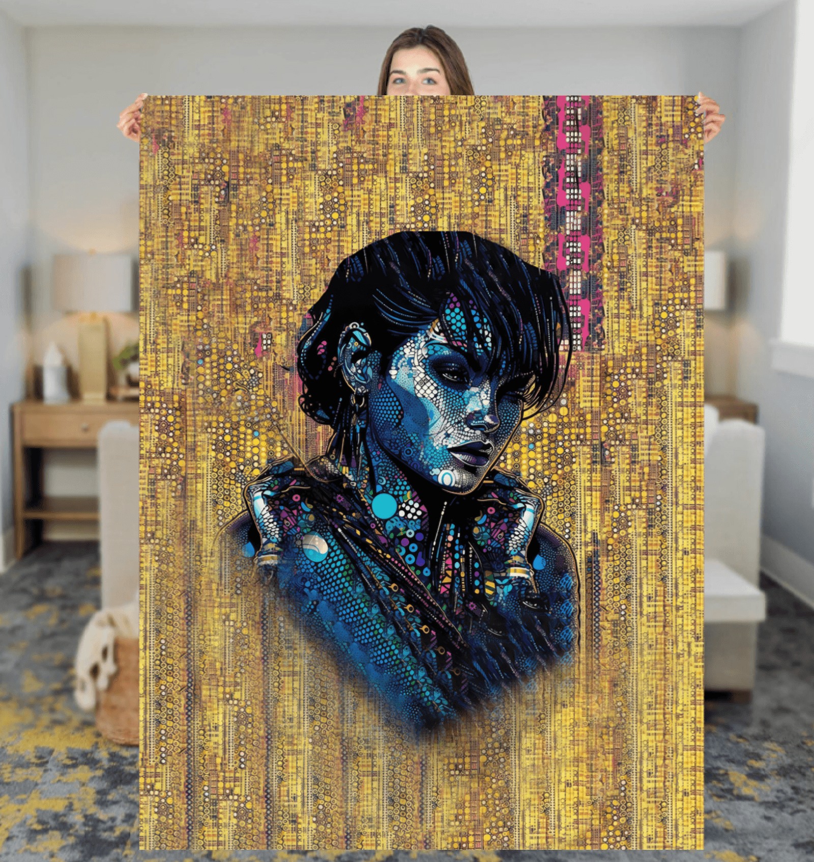 Artistic Adventure Sherpa Blanket draped over a sofa in a cozy room.