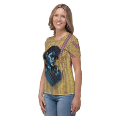 Woman wearing Artistic Adventure T-shirt in outdoor setting.