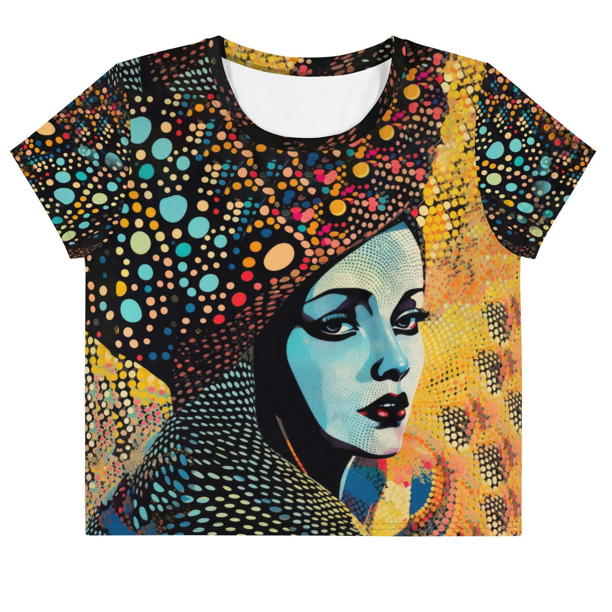 Artistic Aesthetics crop tee with colorful all-over print design.