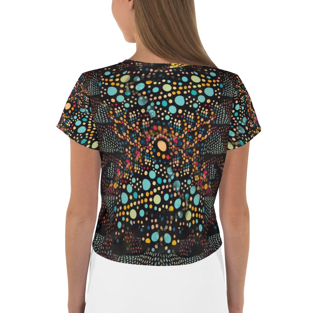 Stylish all-over print crop tee in artistic aesthetics style.