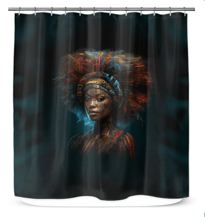 Colorful Artistic Ambition shower curtain hanging in a modern bathroom.