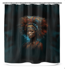 Colorful Artistic Ambition shower curtain hanging in a modern bathroom.