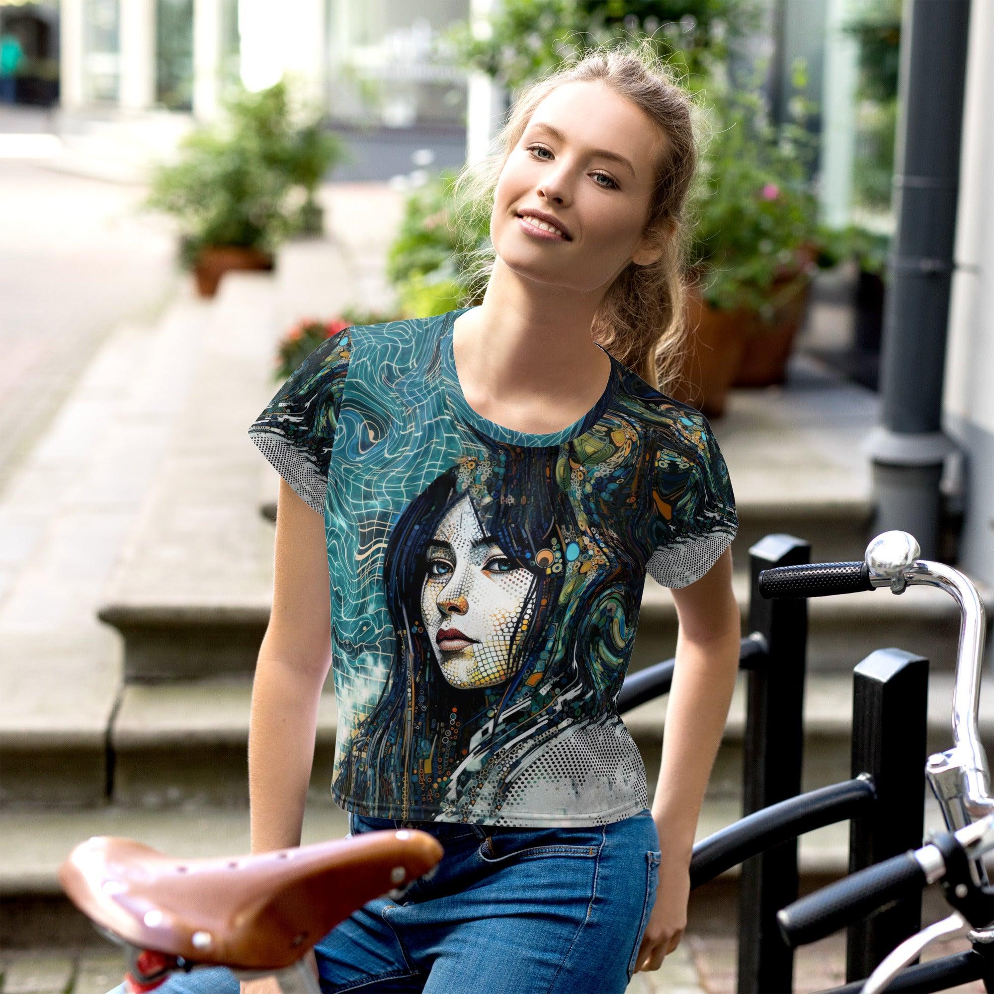 Close-up of Artistic Aura all-over print crop tee's vibrant design.