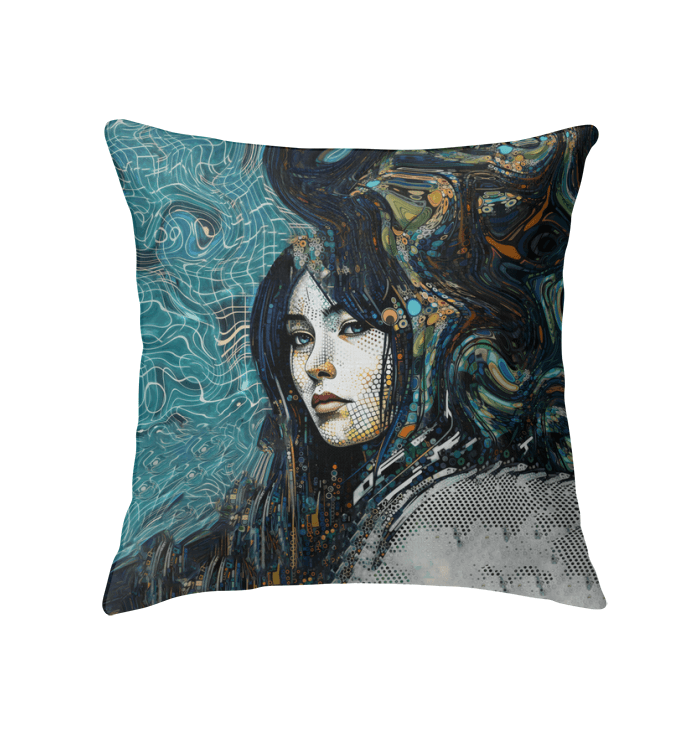 Elegant Artistic Aura Indoor Pillow on a cozy living room sofa.