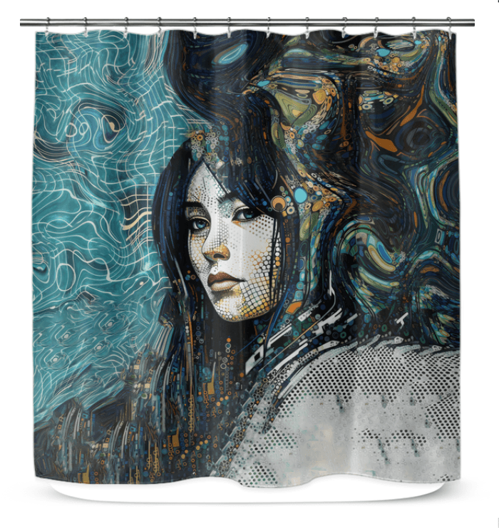 Artistic Aura Shower Curtain with abstract design enhancing bathroom elegance.