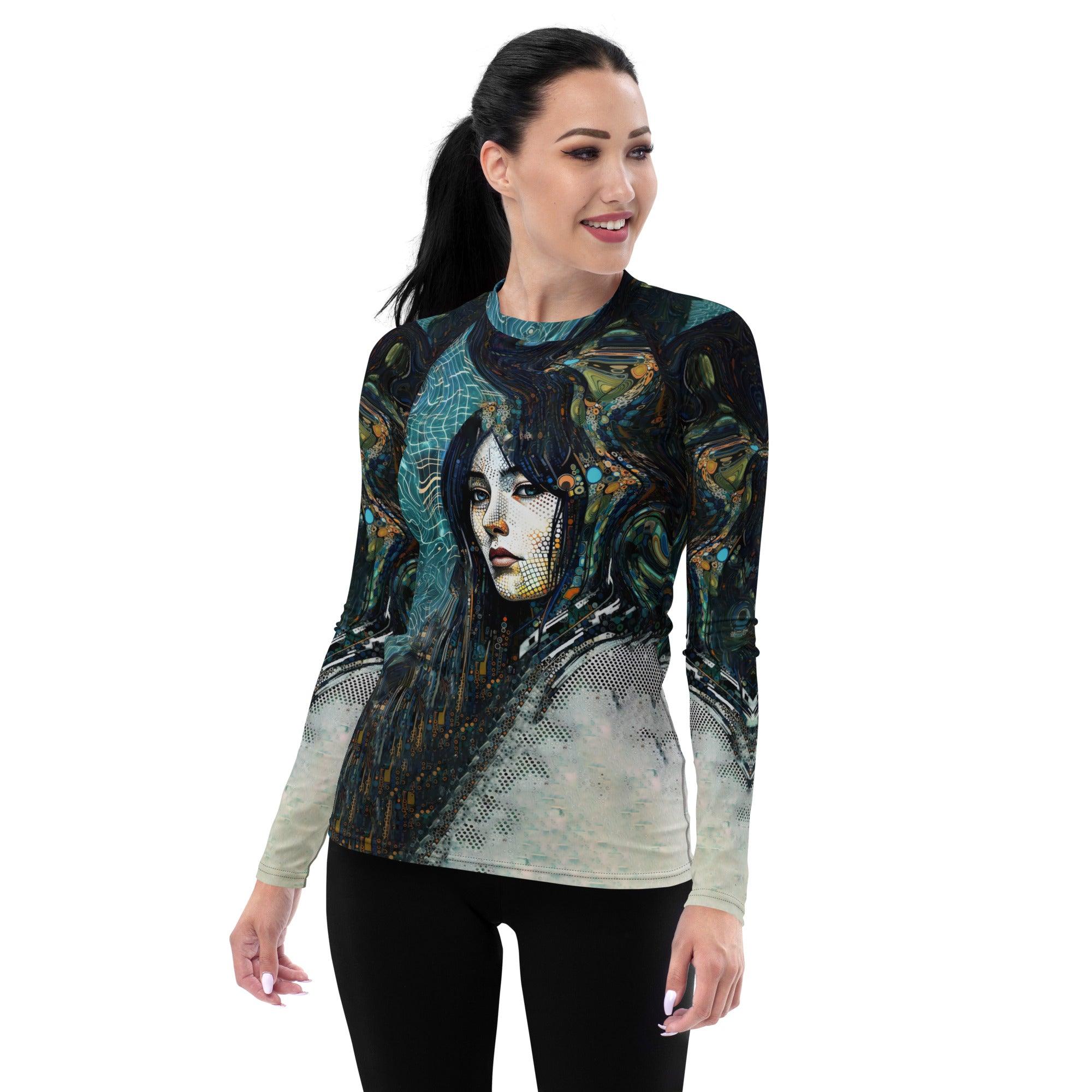 Artistic Aura women's rash guard front view with vibrant design.