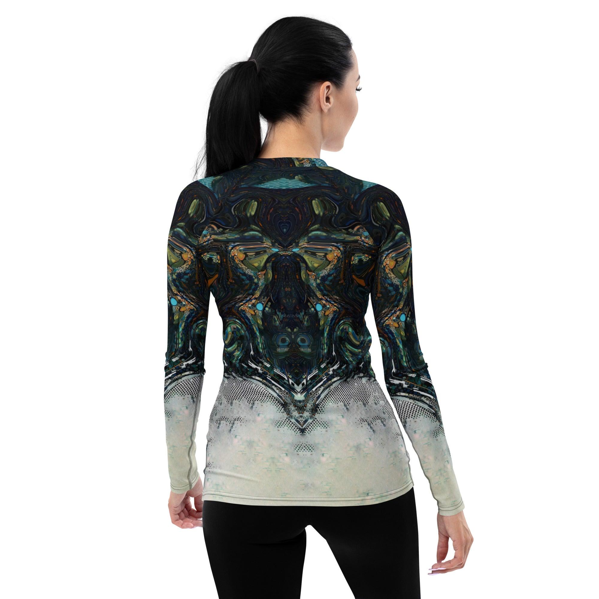 Close-up of the durable material of Artistic Aura women's rash guard.