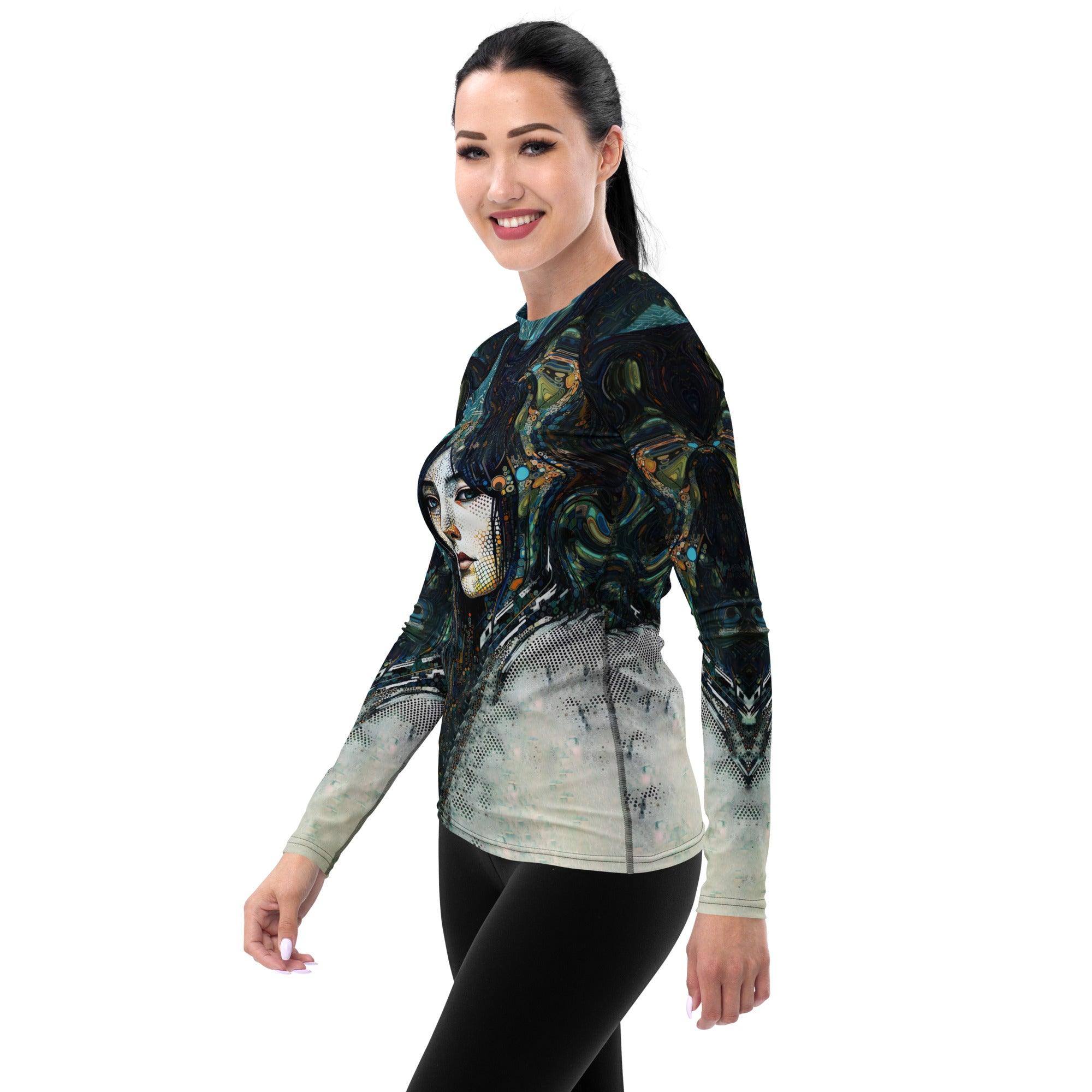 Back view of Artistic Aura women's rash guard showcasing fit and style.