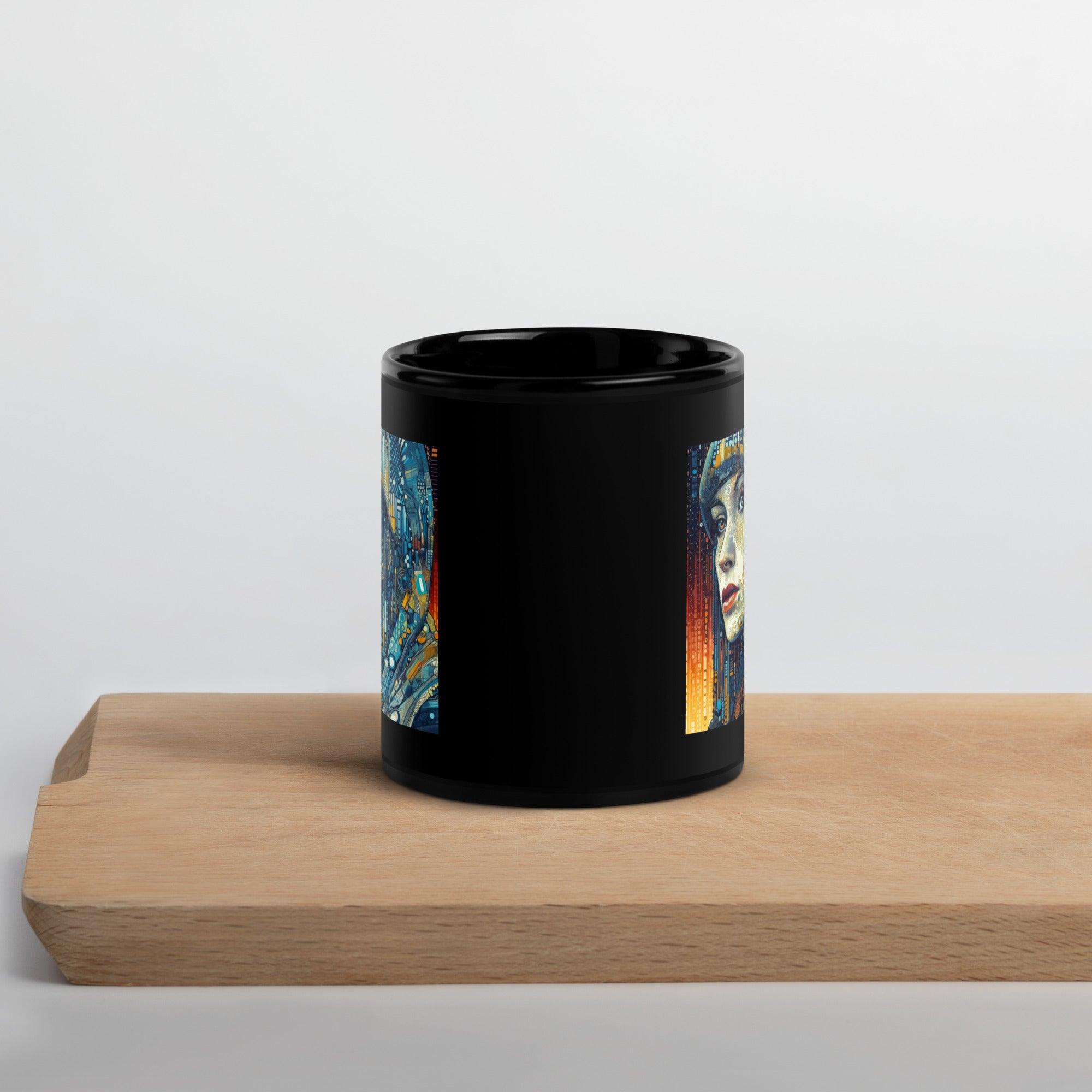 Black Glossy Mug with Abstract Design.