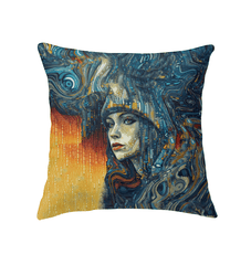 Artistic Auras II decorative indoor pillow on a cozy couch.