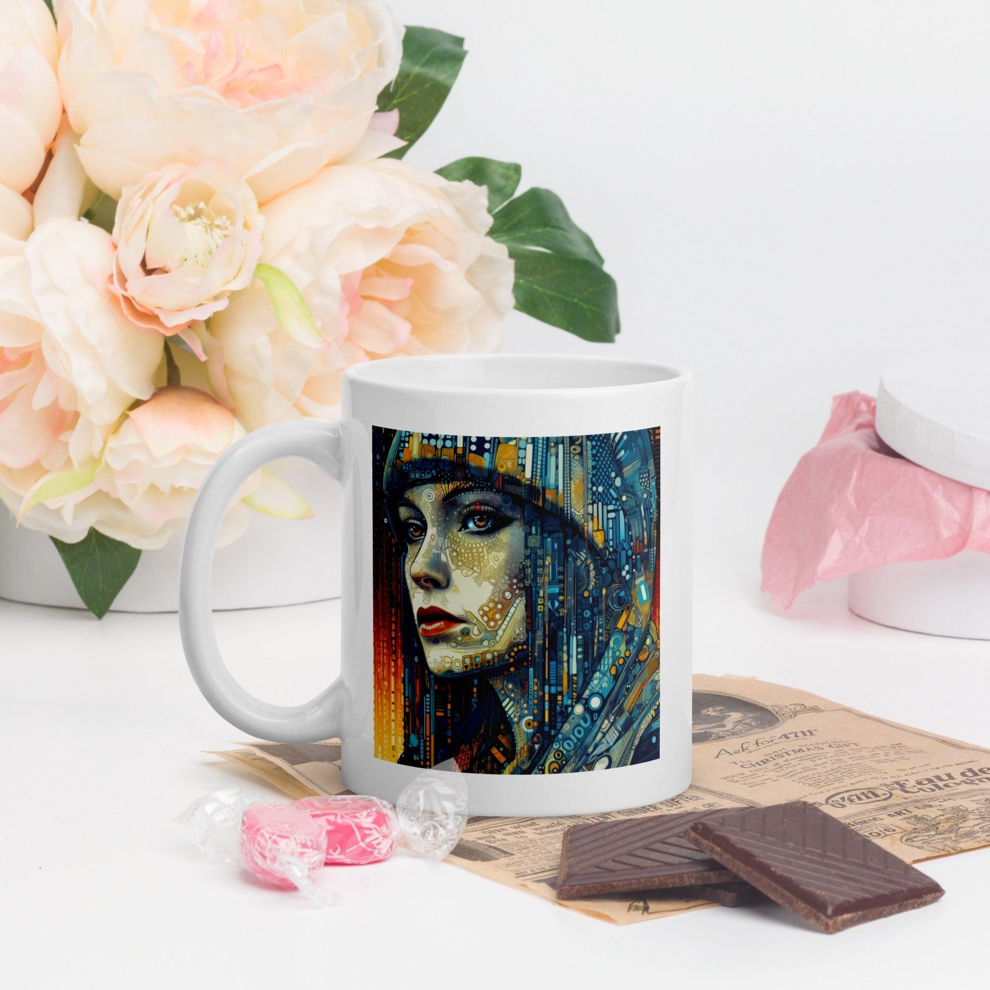 White Ceramic Mug with Artistic Auras II Design.