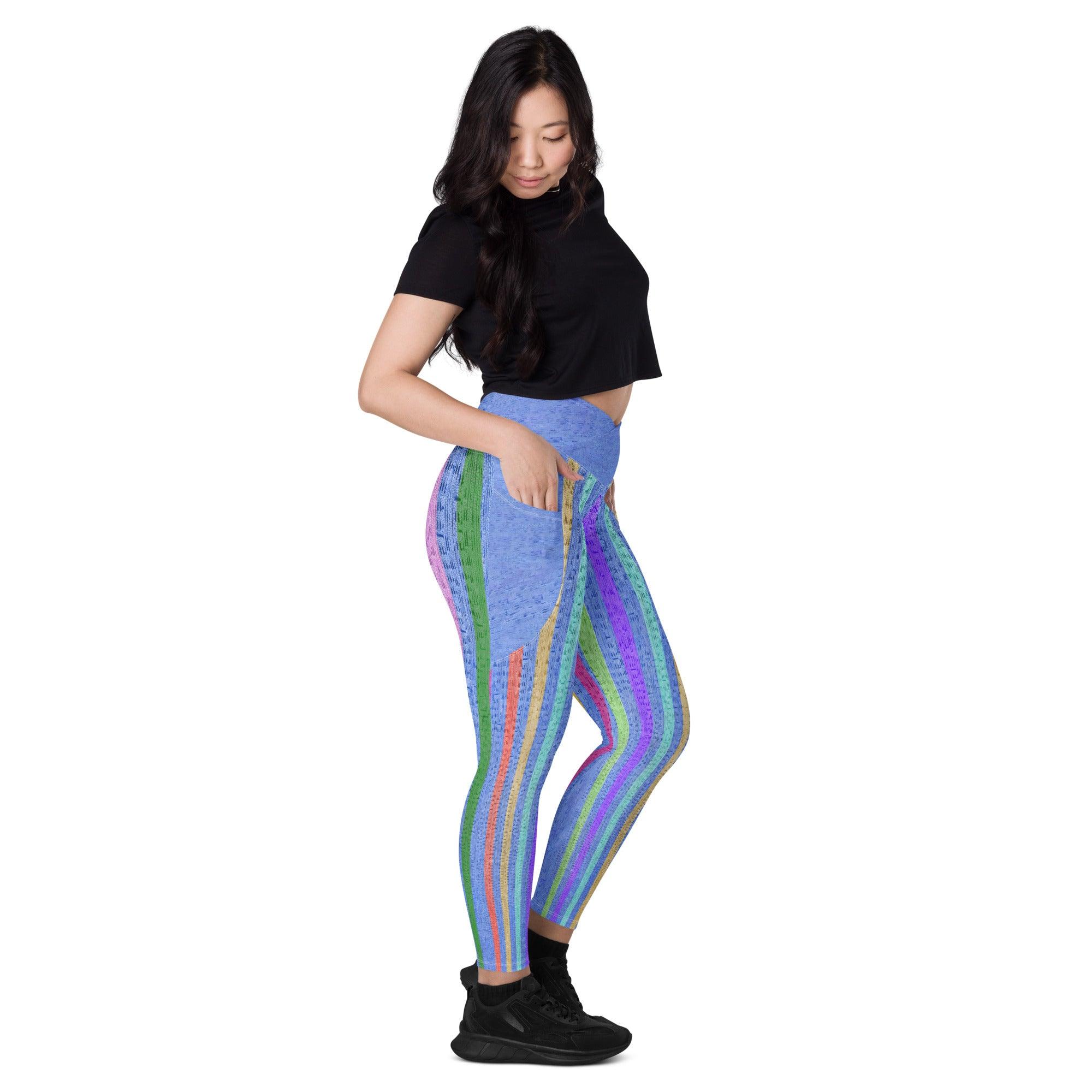 Trendy athletic leggings with artistic lines and practical pockets for essentials.