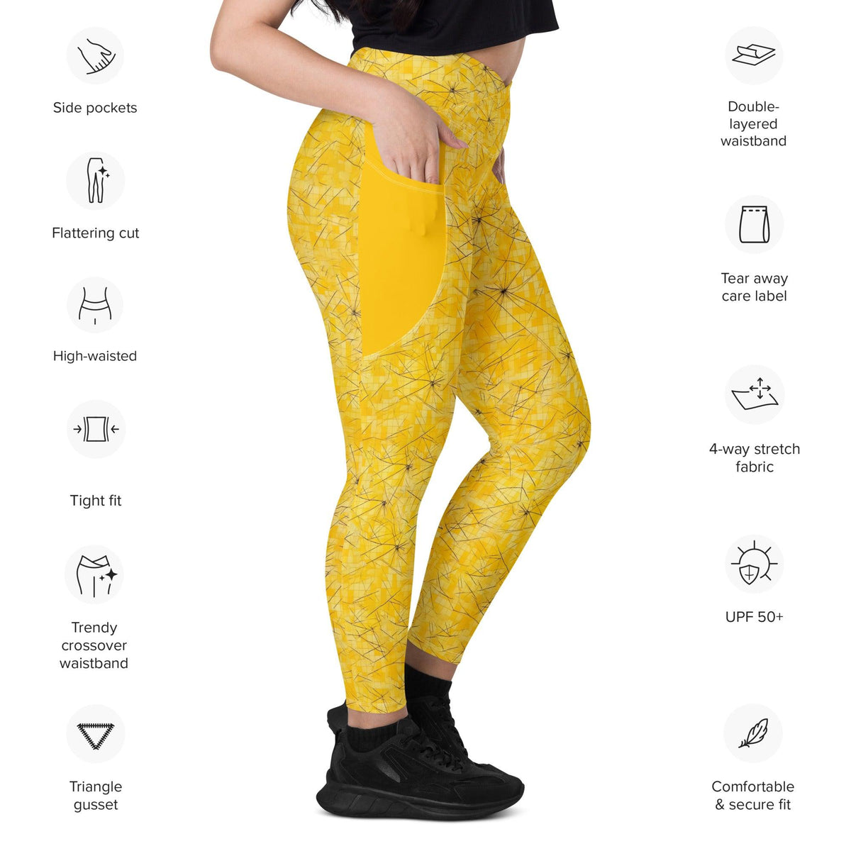 Woman performing dance moves in crossover leggings with pockets.