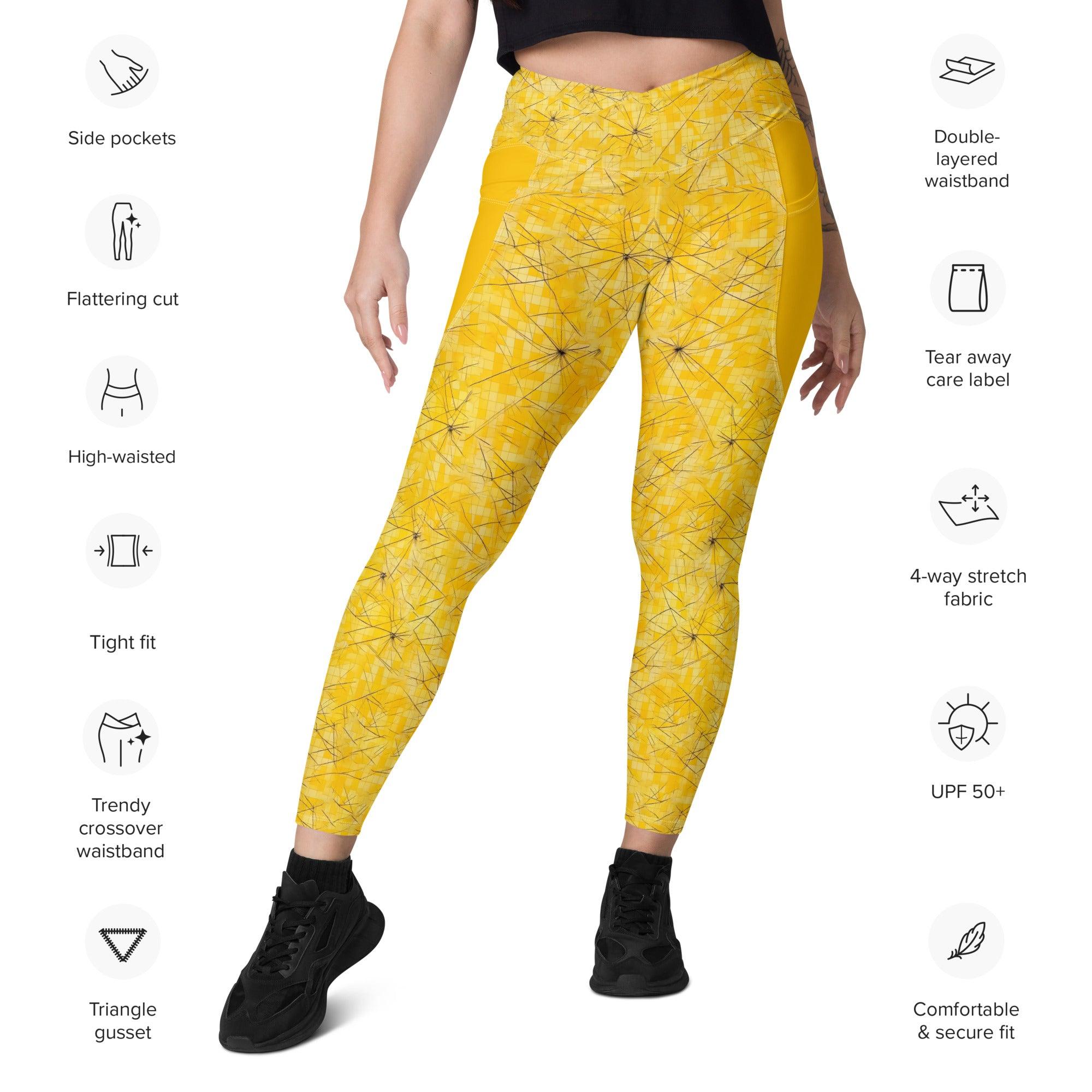 Close-up of crossover leggings with pockets on athletic dancer.