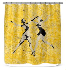 Elegant shower curtain featuring athletic feminine dance moves design, perfect for modern bathroom decor.