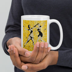 White glossy mug with athletic feminine dance moves design