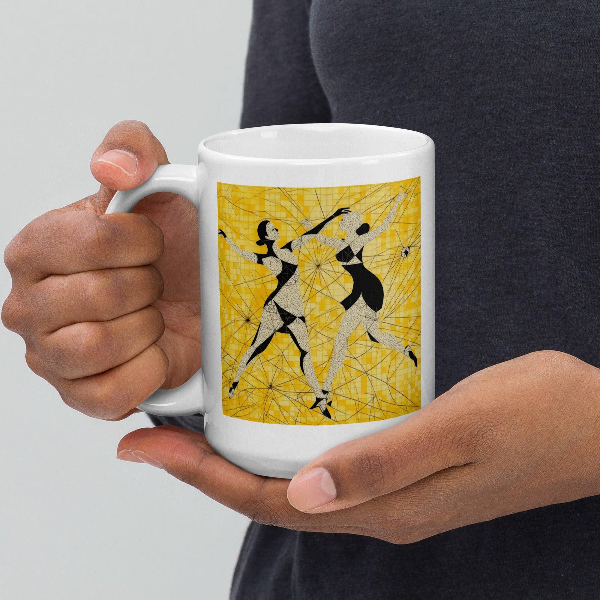Glossy white mug with unique athletic dancer illustration