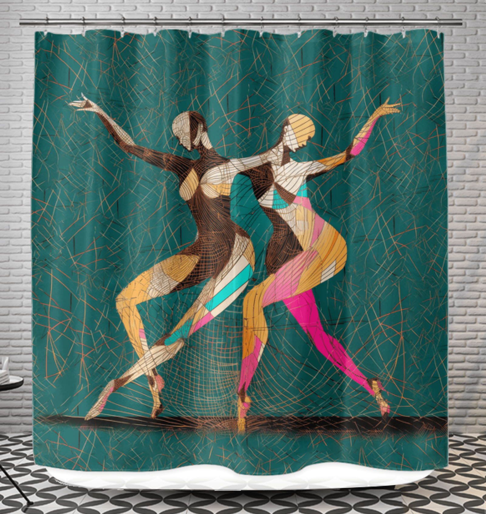 Elegant shower curtain featuring athletic woman in dance pose for bathroom decor