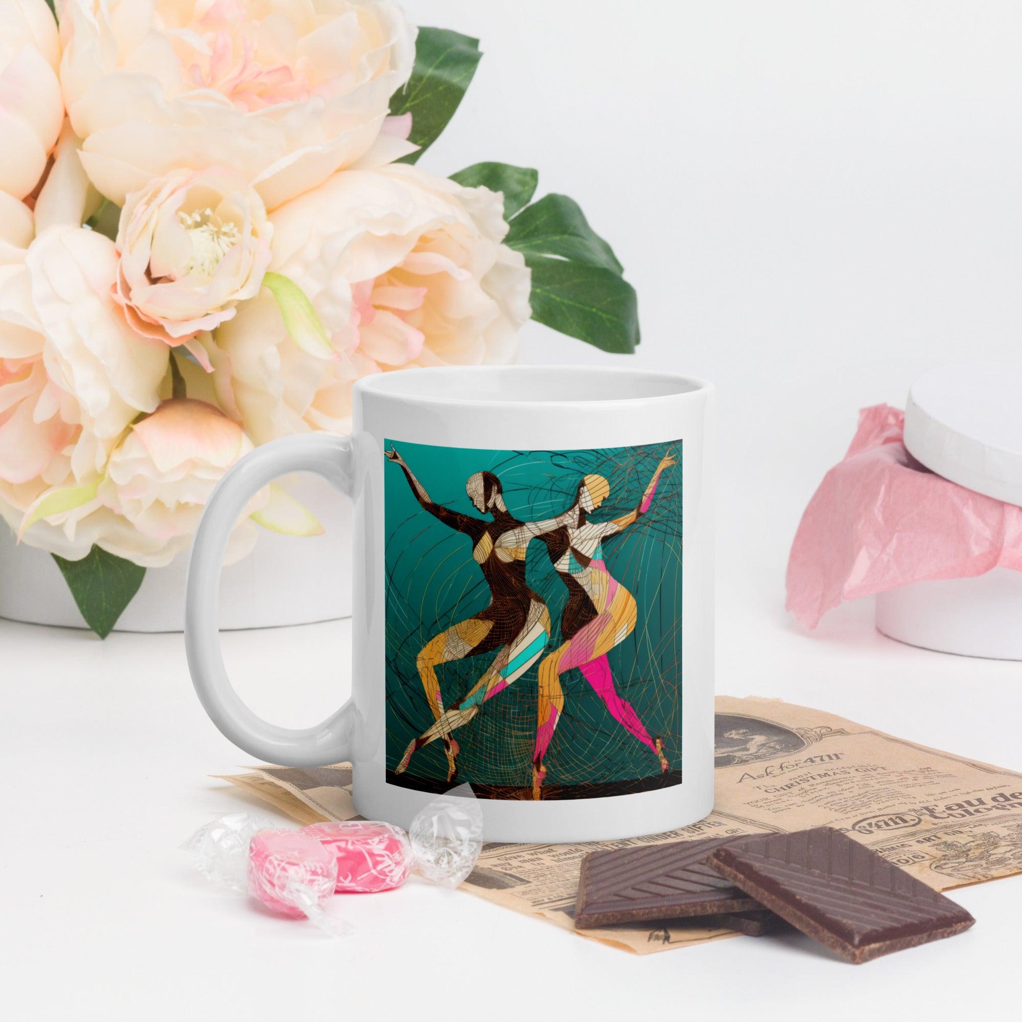 Athletic woman holding a white glossy dance mug.