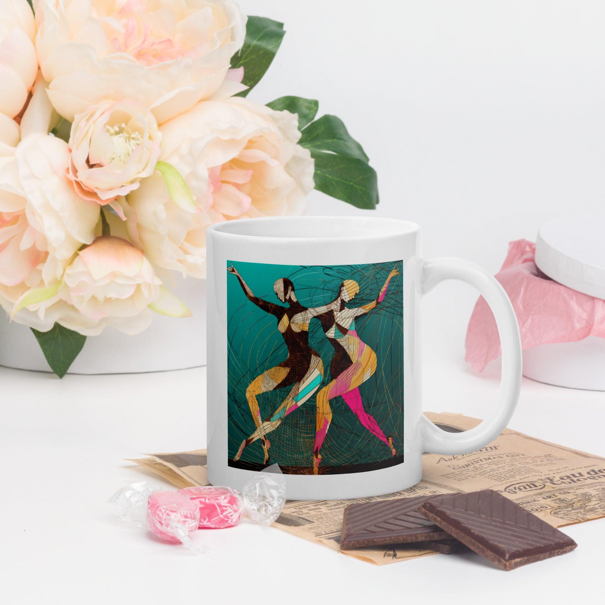 White glossy mug for dance performance on a table.