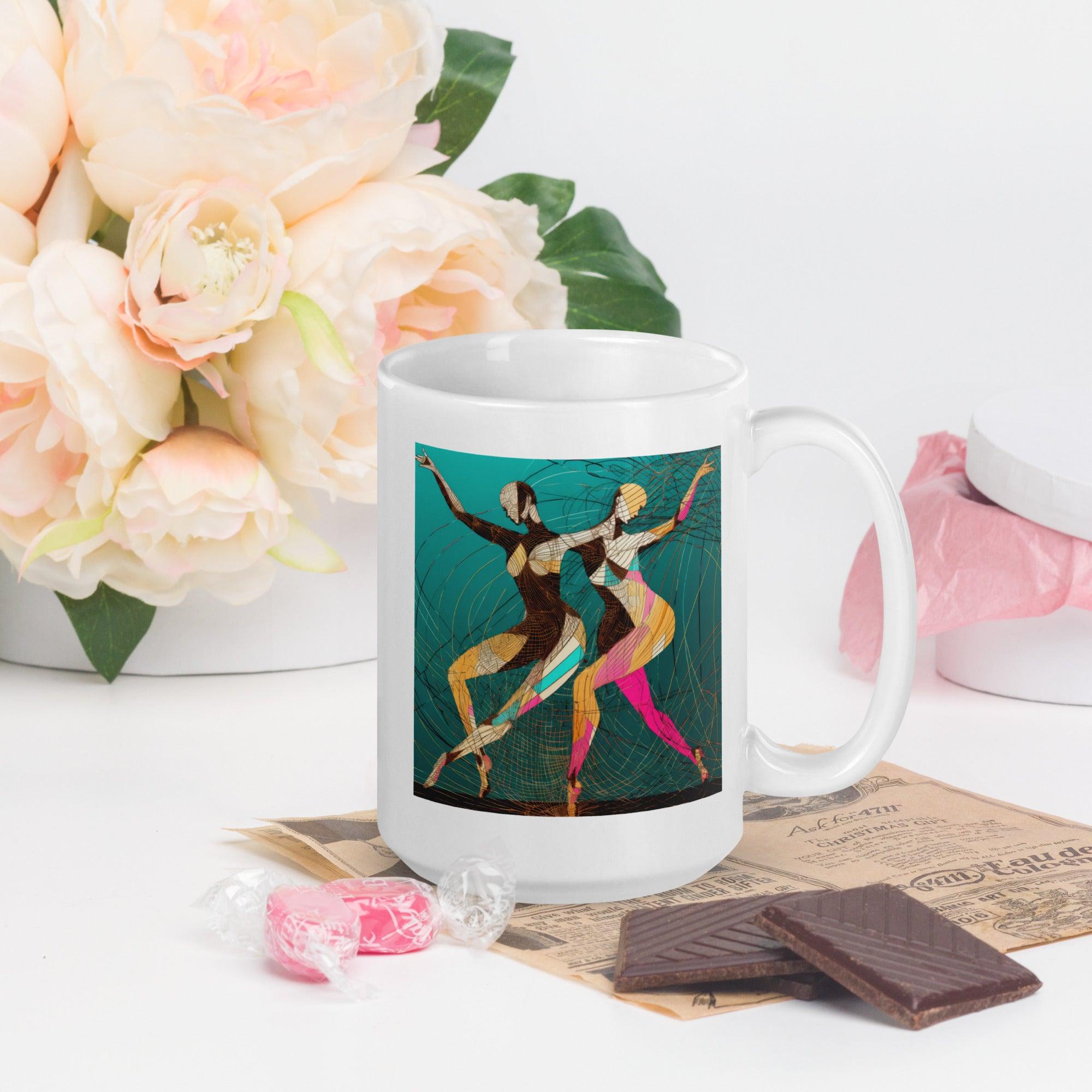Energetic dance design on a women's glossy white mug.