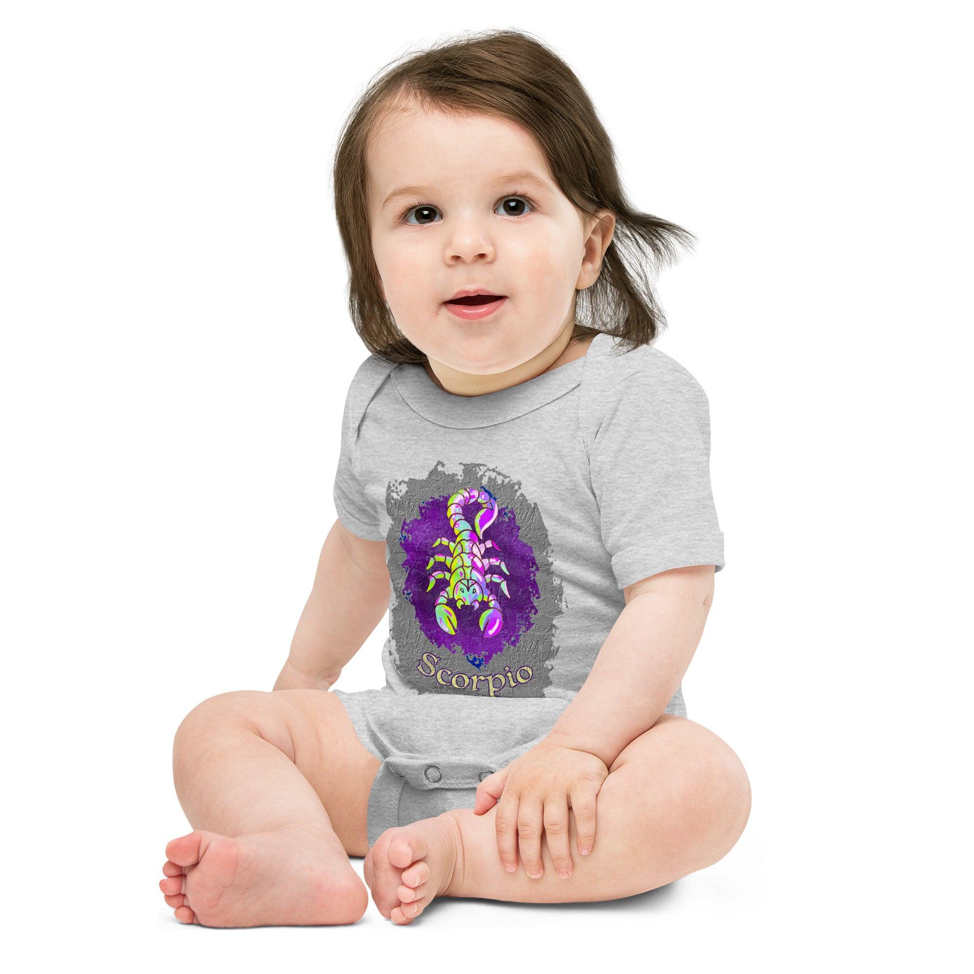 Scorpio zodiac design on baby's short sleeve one-piece outfit.