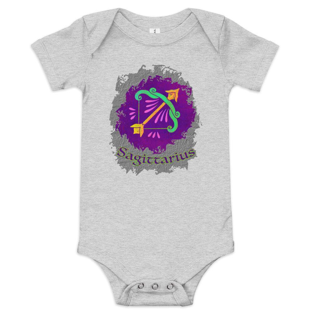 Sagittarius themed baby one-piece with short sleeves on white background