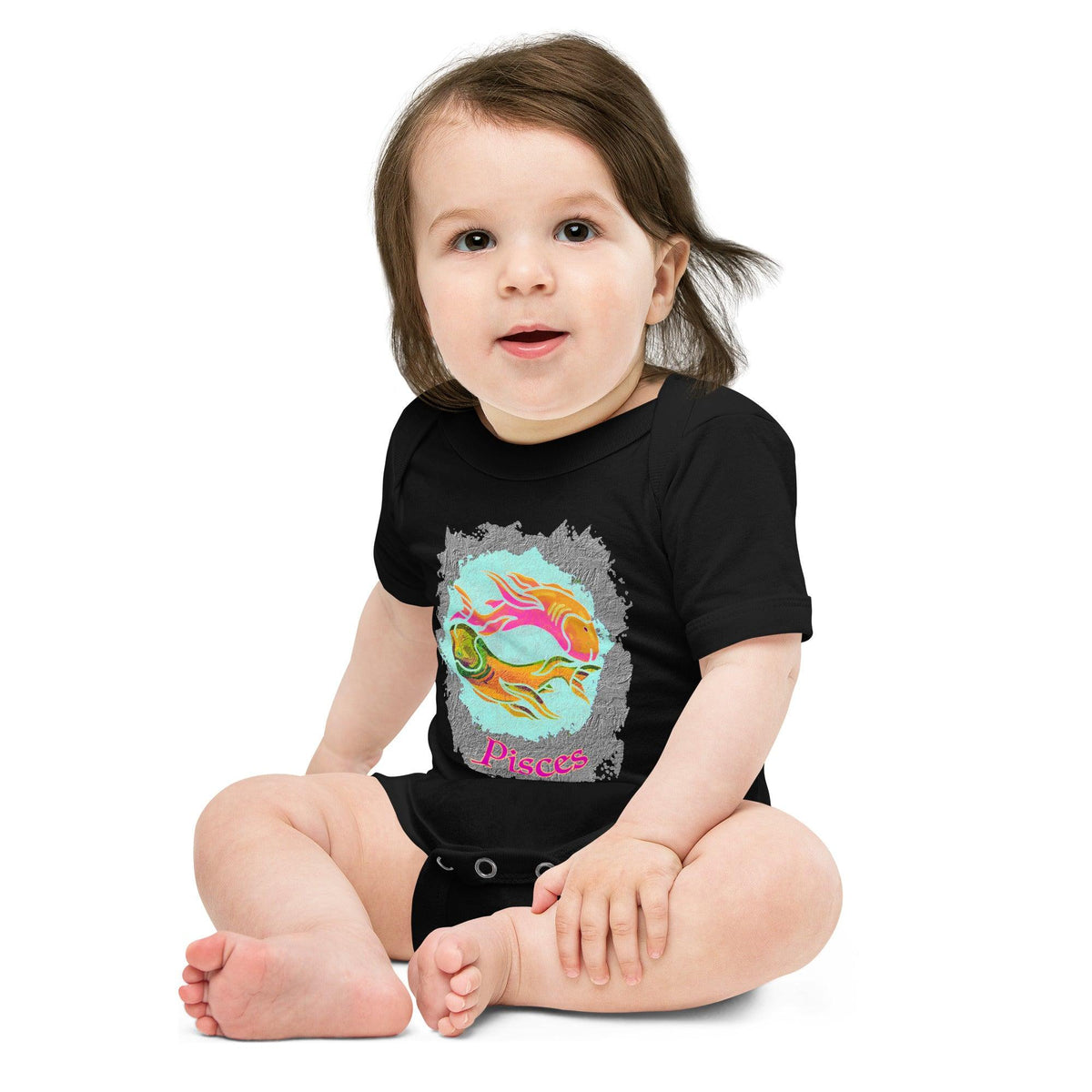 Pisces-themed baby short sleeve one-piece on white background.